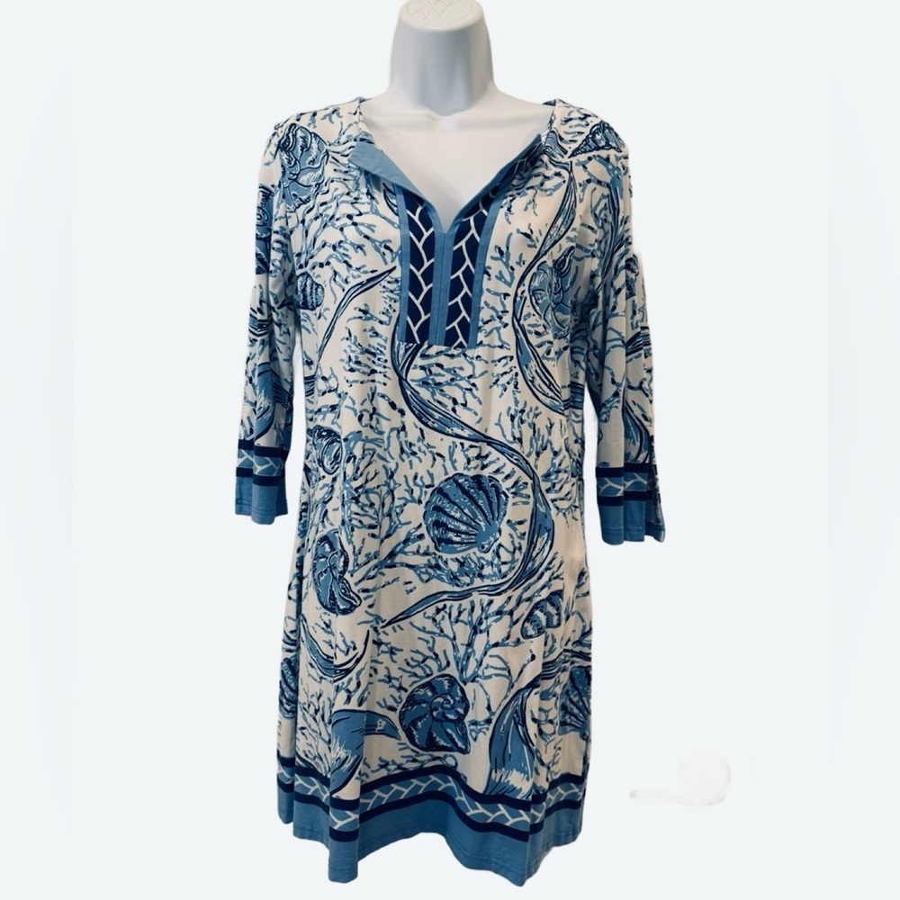 Barbara Gerwit Blue and White Women's long sleeve dress. Large.